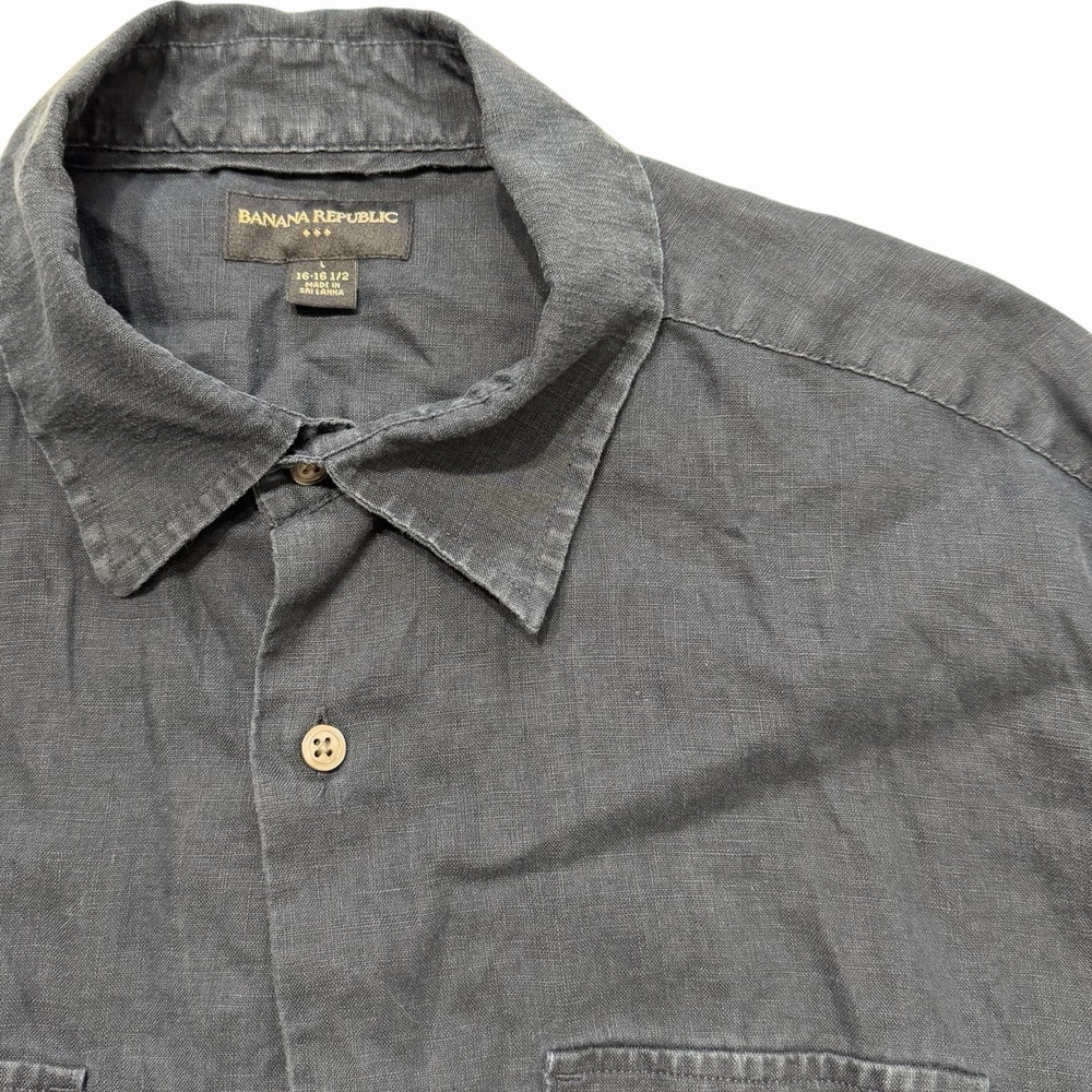 Banana Republic 100% Linen Shirt Mens L‎ Navy Short Sleeve Button Two Pocket